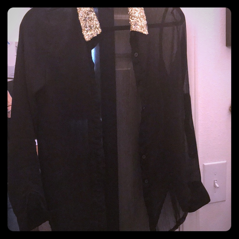 Black See Through Gold Sequin Long Sleeved Top